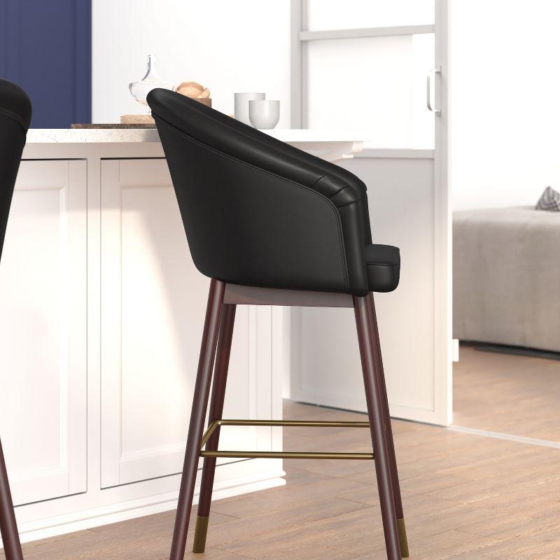 Modern Trendy Black Leather and Walnut Wood Barstool