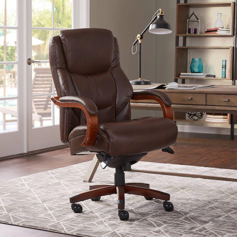 La-Z-Boy La-Z-Boy Delano Big & Tall Executive Office Chair, Ergonomic Mid-Back with Body Pillow Lumbar Support, ComfortCore® with Memory Foam Cushion, Mahogany Wood Arms and Swivel Base, Bonded Leather