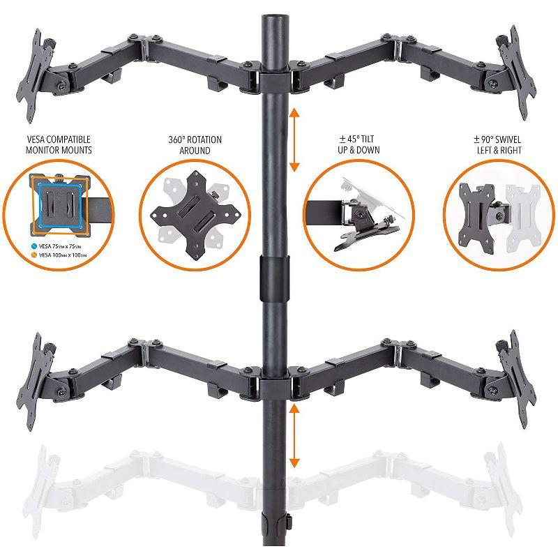 Quadruple Monitor Mount – Clamp-On Monitor Arm with 4 Adjustable VESA Mounts – Black – Stand Steady