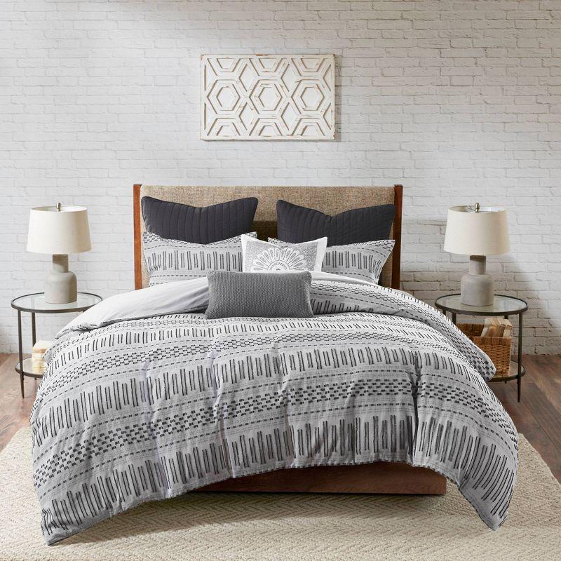 King/California King Rhea Cotton Jacquard Comforter Mini Set Black/Gray: Ink+Ivy, Geometric Pattern, OEKO-TEX Certified