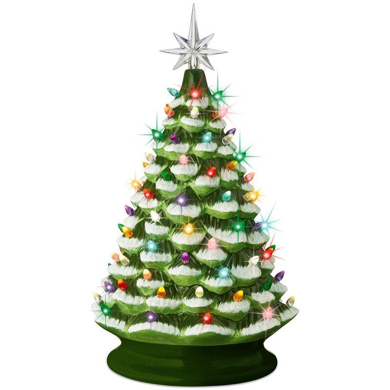 Hand-Painted Green Ceramic Tabletop Christmas Tree with Multicolor Lights