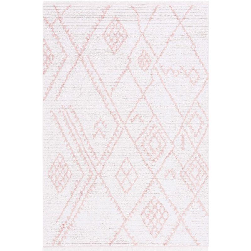 Ivory and Pink Geometric Flat Woven Synthetic Area Rug, 5' x 7'