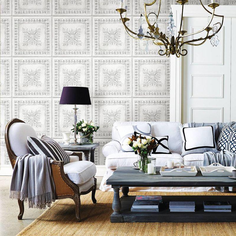 NuWallpaper Reclaimed Tin Peel & Stick Wallpaper: Removable Textured Vinyl, Classic Tile Pattern, Light Gray, 30.75 Sq Ft Coverage