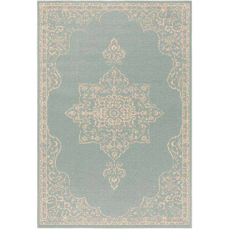 Cream/Aqua Synthetic Easy-Care Outdoor Area Rug - 6'7" x 9'2"