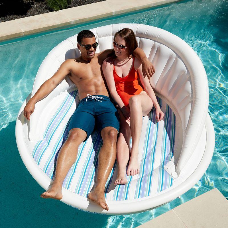 Swimline Solstice Aqua Sofa 2 to 3 Person Inflatable Pool Lounger Couch Float Raft w/Instaflate System & Throw Pillows for Kids & Adults, Blue/White