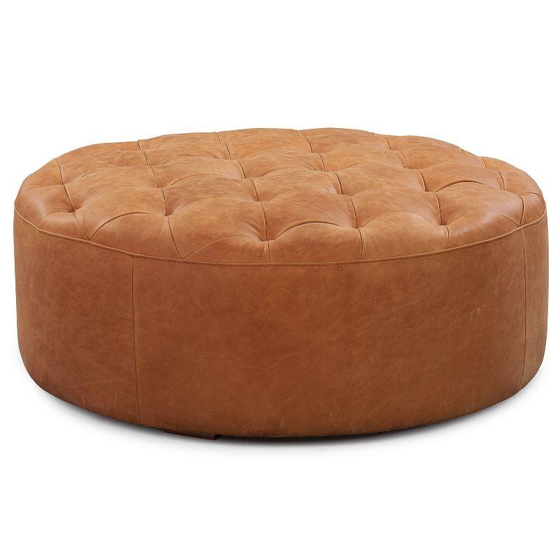 Poly & Bark Ascot Ottoman Cognac Tan: Round Tufted Leather, No Assembly, Dry Dust Care