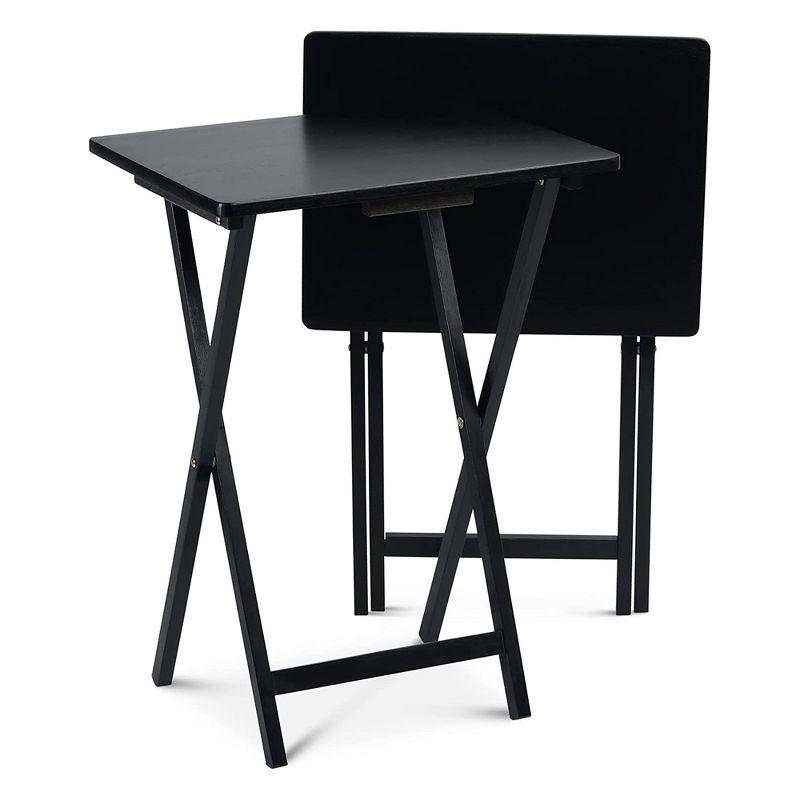 Black Solid Wood Folding TV Tray Tables Set with Storage Rack