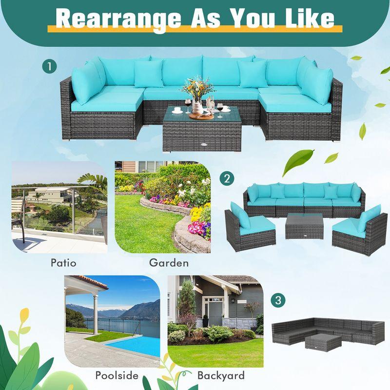 Costway 7PCS Patio Rattan Furniture Set Sectional Sofa Cushioned Turquoise