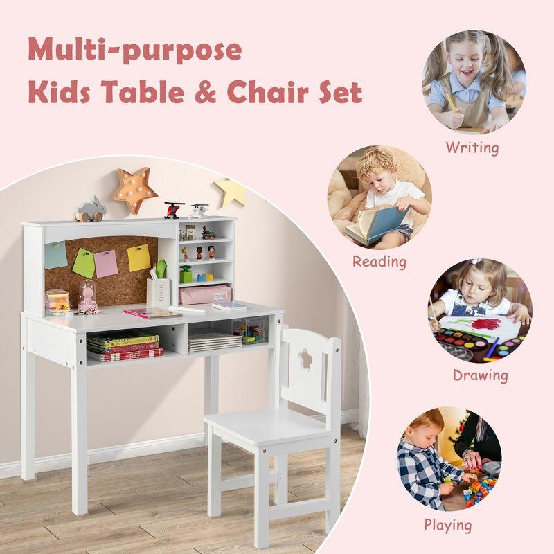 White Wooden Kids Desk and Chair Set with Hutch and Drawer