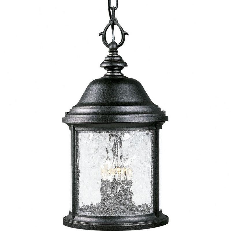 Progress Lighting Ashmore 3-Light Outdoor Hanging Lantern, Textured Black, Water Seeded Glass