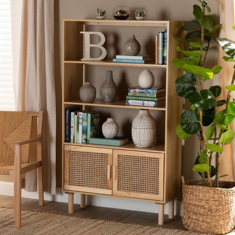 55.1" Faulkner Natural Wood Rattan 2 Door Bookcase Brown - Baxton Studio: Mid-Century Design, 3 Shelves