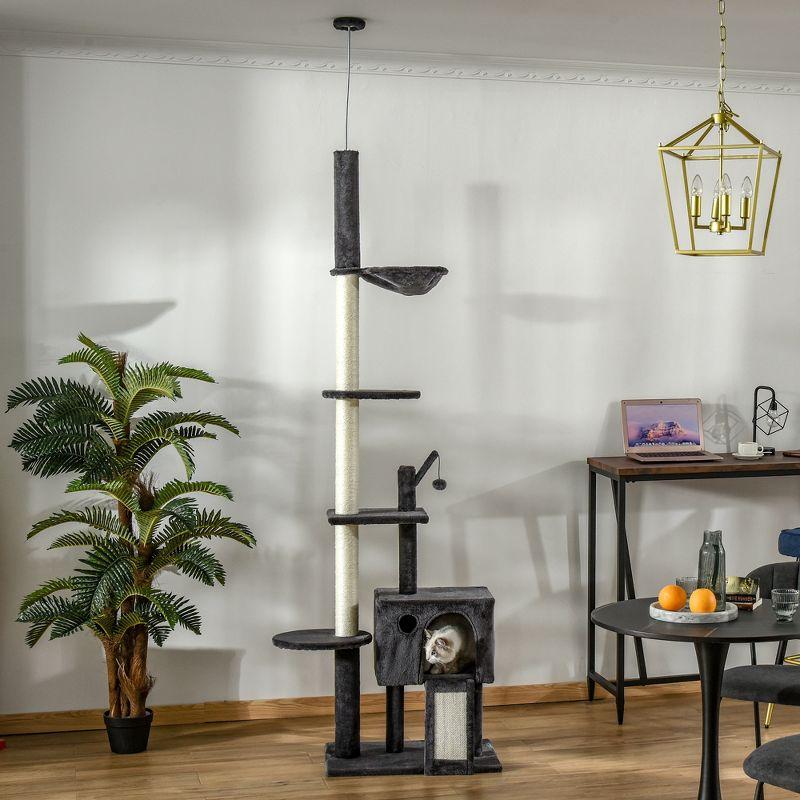PawHut 106" Huge Cat Tree Kitty Activity Center Floor-to-Ceiling Cat Climbing Toy with Scratching Post Board Hammock Hanging Ball Dark Gray