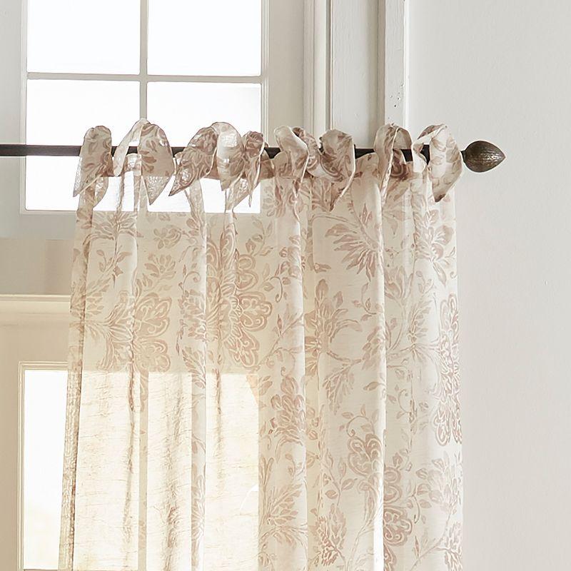 Westport Floral Tie-Top Cottagecore Sheer Single Window Curtain Panel - 52" x 95" - Flax - Elrene Home Fashions