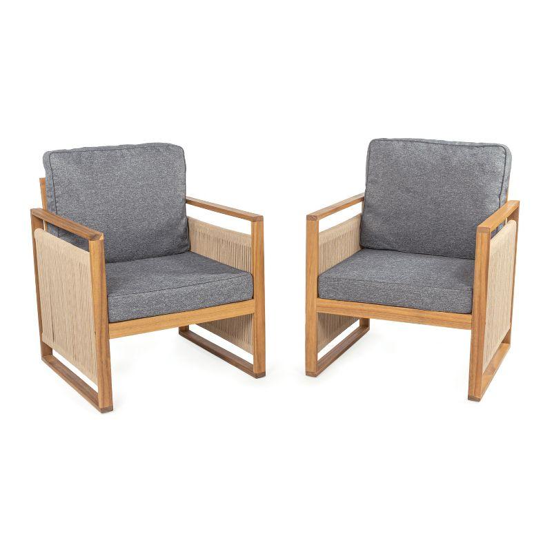 Gable Mid-Century Modern Roped Acacia Wood Outdoor Patio Chair with Cushions, Gray/Teak Brown (Set of 2) - JONATHAN Y