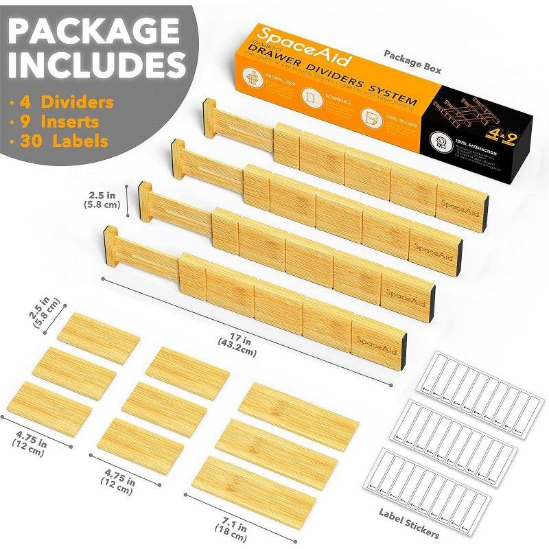 Patented Set of 4  Bamboo Expandable Drawer Dividers with Labels,with 9 Inserts (17-22 in)-SpaceAid®