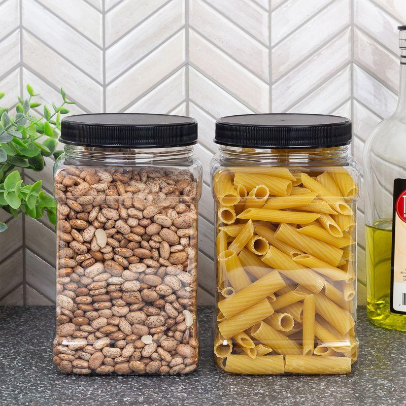 Cornucopia Brands 48oz Square Plastic Jars 3pk; Clear Rectangular 6-Cup Canisters w/ Black Lids, Easy-Grip Side