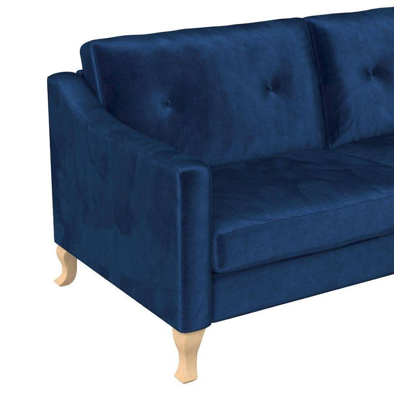 Luxe Blue Velvet Tufted Sofa with Sloped Arms and Wood Accents