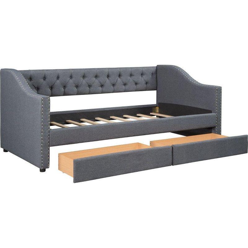 Streamdale Upholstered Twin Size daybed with Two Drawers, Wood Slat Support, Gray