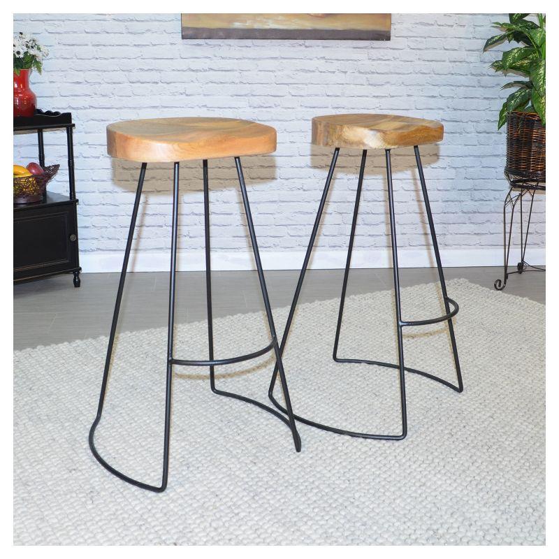 Saddle-Style Natural Mango Wood and Black Metal 30" Barstool Set