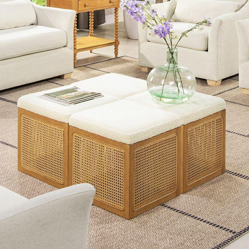 Nina 18" Natural Cane Webbing Cube Ottoman with Boucle Upholstery