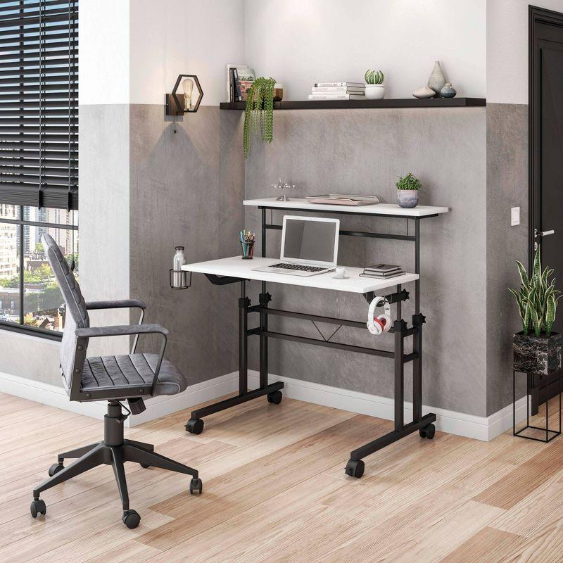 Rolling Writing Desk with Height Adjustable Desktop and Moveable Shelf White - Techni Mobili: Locking Casters, Open Storage