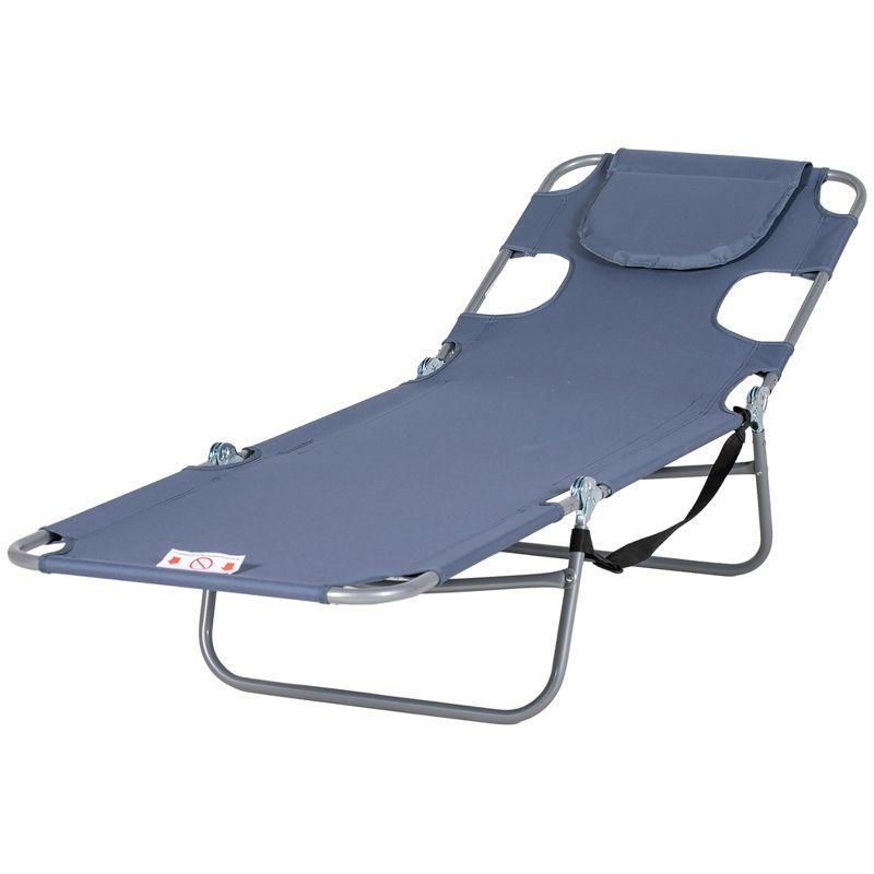 Outsunny Folding Beach Lounge Chair with Face Hole and Arm Slots, 5-level Adjustable Sun Lounger Tanning Chair with Pillow, Gray