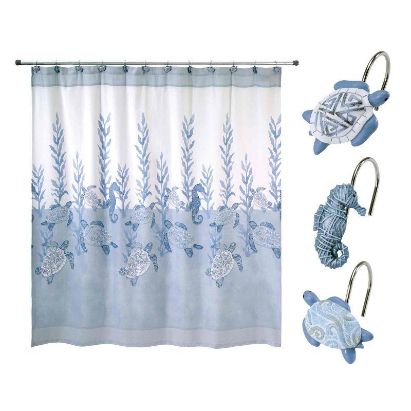 Caicos Blue and White Fabric Shower Curtain Set with Sea Turtle Hooks