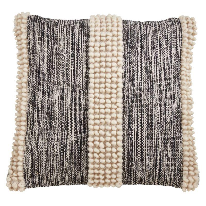 Cream and Black Pom-Pom Striped Cotton Throw Pillow