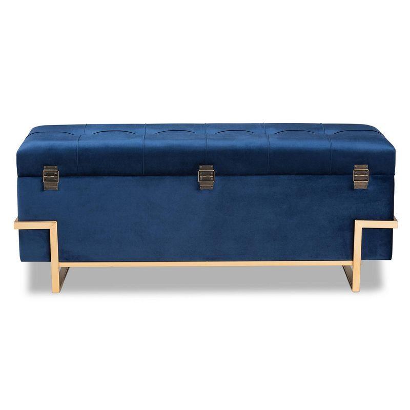 Parker Velvet Upholstered and Metal Storage Ottoman Blue/Gold - Baxton Studio: Rectangular Bench with Bow Pattern