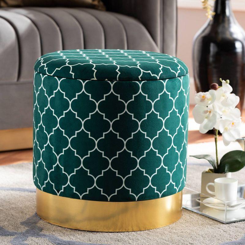 Teal Green Velvet Upholstered Gold Metal Storage Ottoman