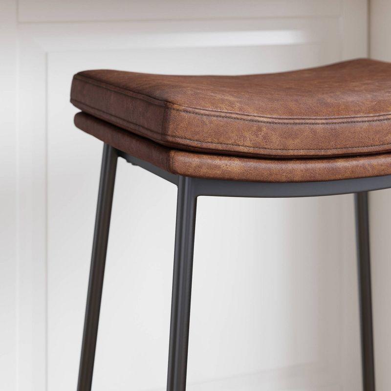 Upholstered Counter Height Metal Barstool Vintage Brown/Matte Black - Nathan James: Faux Leather, Modern Farmhouse Kitchen, 275 lbs Limit