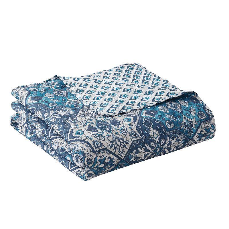 VCNY 3pc Full/Queen Denim Boho Medallion Reversible Quilt Set: Microfiber, Hypoallergenic, No Fill