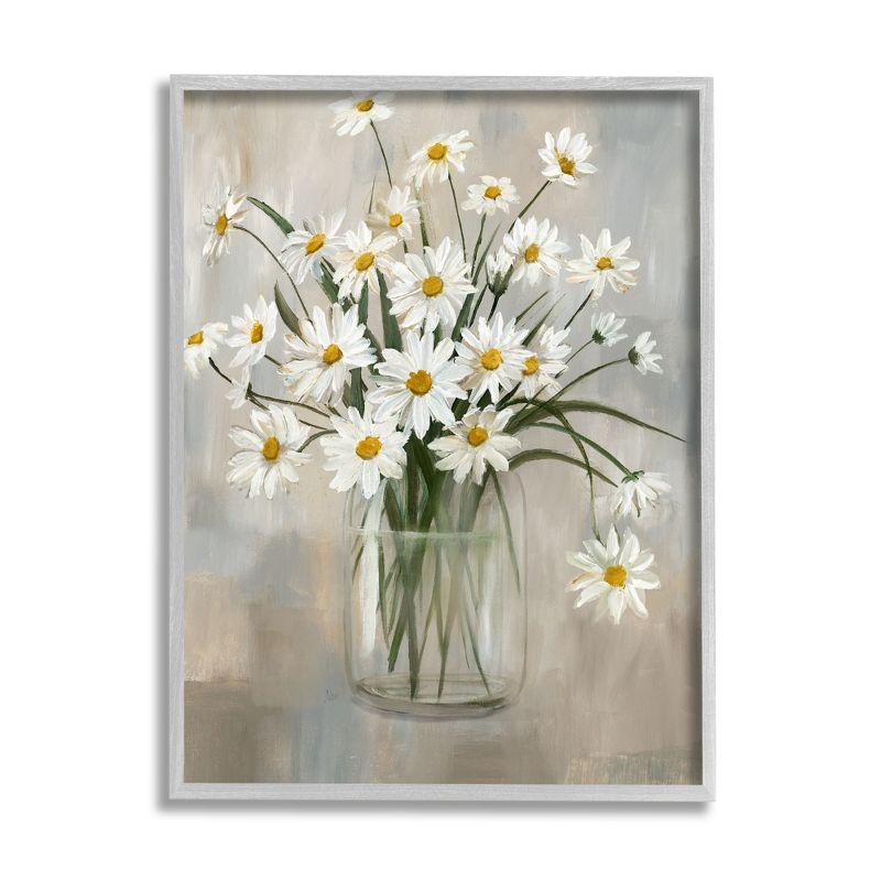 Daisy Bloom Bouquet Abstract Canvas Art with Gray Frame