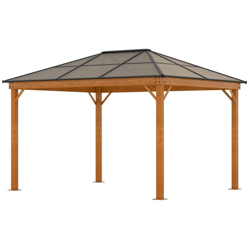 Outsunny 10' x 12' Hardtop Polycarbonate Gazebo Canopy, Aluminum Frame Pergola with Top Vent, Netting & Sidewalls for Garden, Patio, Khaki