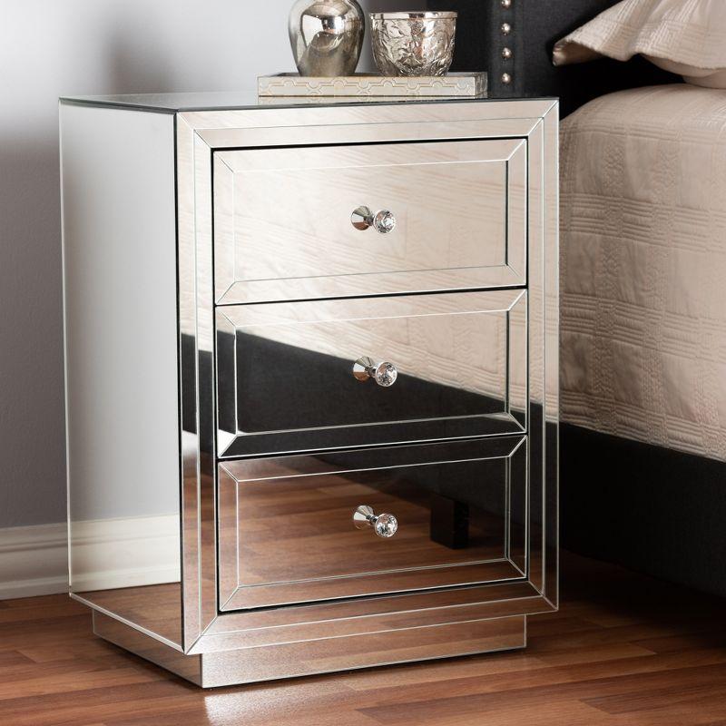 Lina Mirrored 3 Drawer Nightstand Bedside Table Silver - BaxtonStudio: Contemporary Style, MDF Construction, No Assembly Required