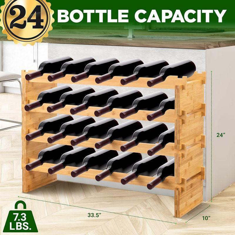 SereneLife 4-Tier Bamboo Wine Rack - Holds 24 Bottles, Stackable, Natural Finish