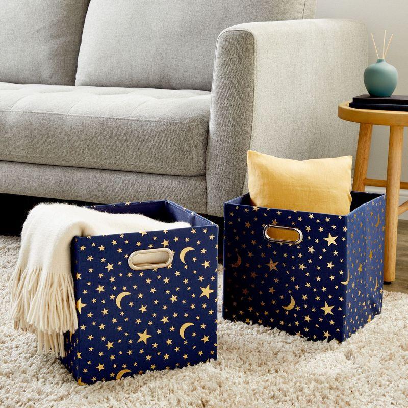 Okuna Outpost 4 Pack Star Storage Cubes, Collapsible Foldable Fabric Organizer Baskets for Clothes, Toys, Gold Moons and Stars, 11 In