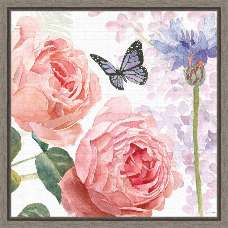 Butterfly and Floral Watercolor Canvas Wall Art in Wooden Frame