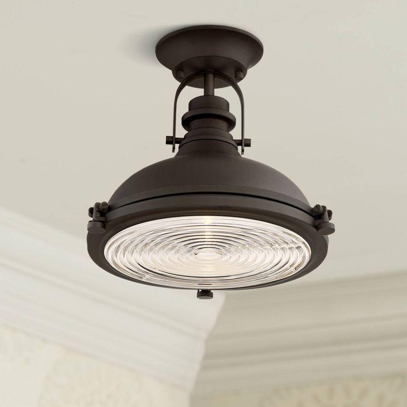 Possini Euro Design Verndale Industrial Ceiling Light Semi Flush Mount Fixture 11 3/4" Wide Bronze Clear Ribbed Glass for Bedroom Kitchen Living Room