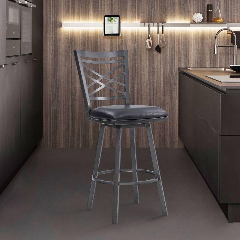 30" Fargo Counter Height Barstool Metal Barstool in Mineral Finish with Faux Leather Black - Armen Living: Upholstered Low Back, Fixed Height