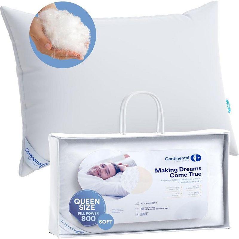 Continental Bedding Siberian 800FP 100% Goose Down Pillow Soft Support Queen Size Pack of 1