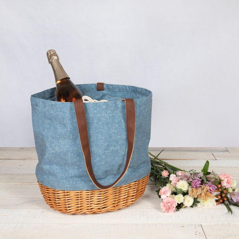 Picnic Time Coronado Canvas and Willow Basket Tote with Navy Blue and White Stripe