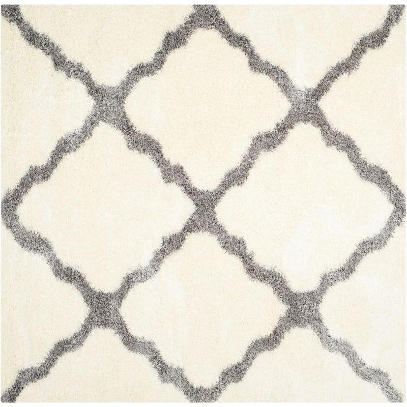 Ivory and Grey Square Hand-knotted Shag Rug