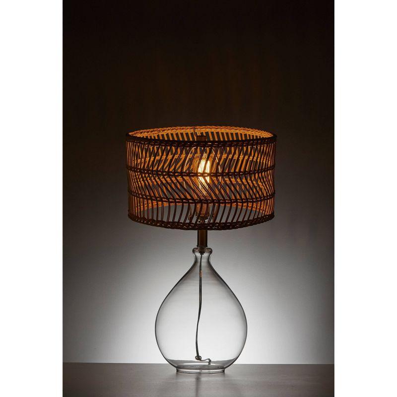 Teardrop Clear Glass and Brushed Steel Table Lamp with Rattan Shade