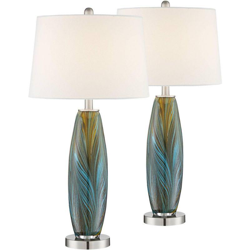 Azure Blue and Brown Art Glass Table Lamp Set with White Fabric Shade