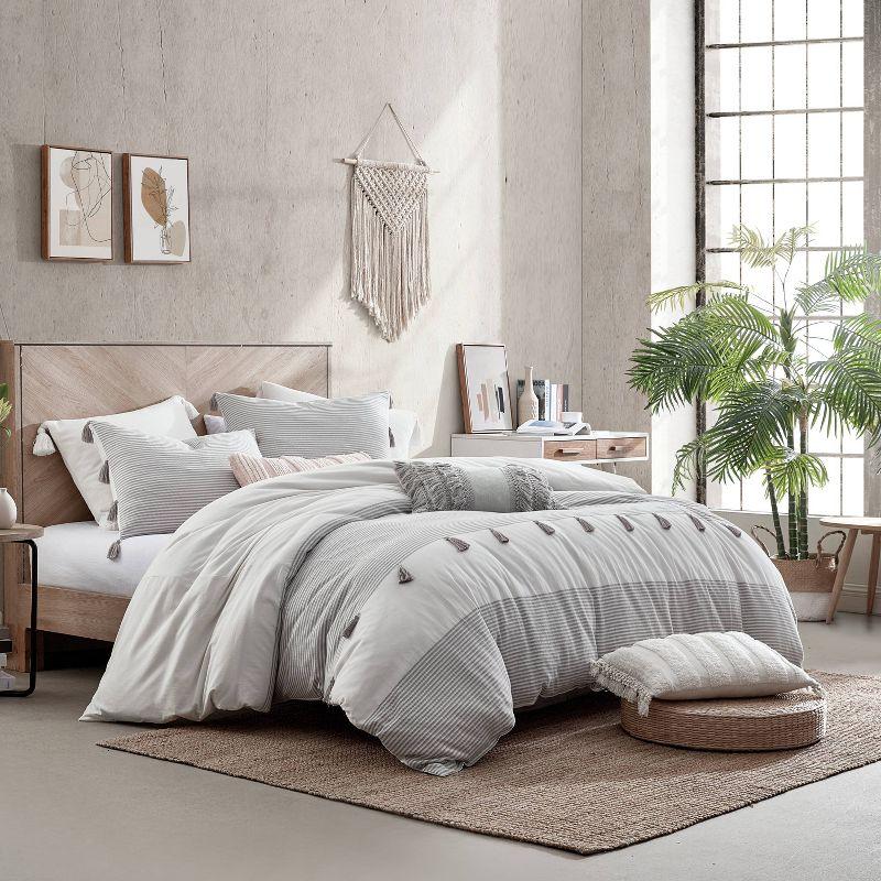 Gray Cotton Full/Queen Comforter Set with Tassels