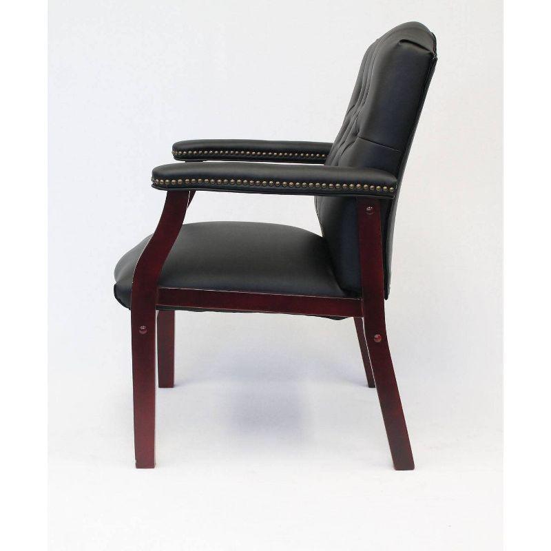 Classic Traditional Button Tufted Black Vinyl Guest Chair with Mahogany Wood Frame