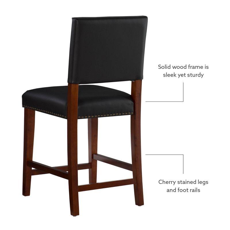 24" Brook Padded Back Faux Leather Nailhead Counter Height Barstool Black - Linon: Cherry-Stained Legs, Footrails