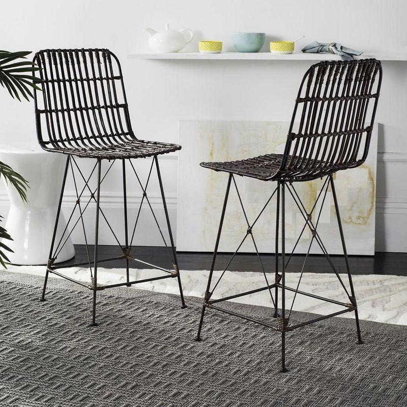 Minerva Wicker Counter Stool (Set of 2) - WIK6509 - Brown/Black - Safavieh