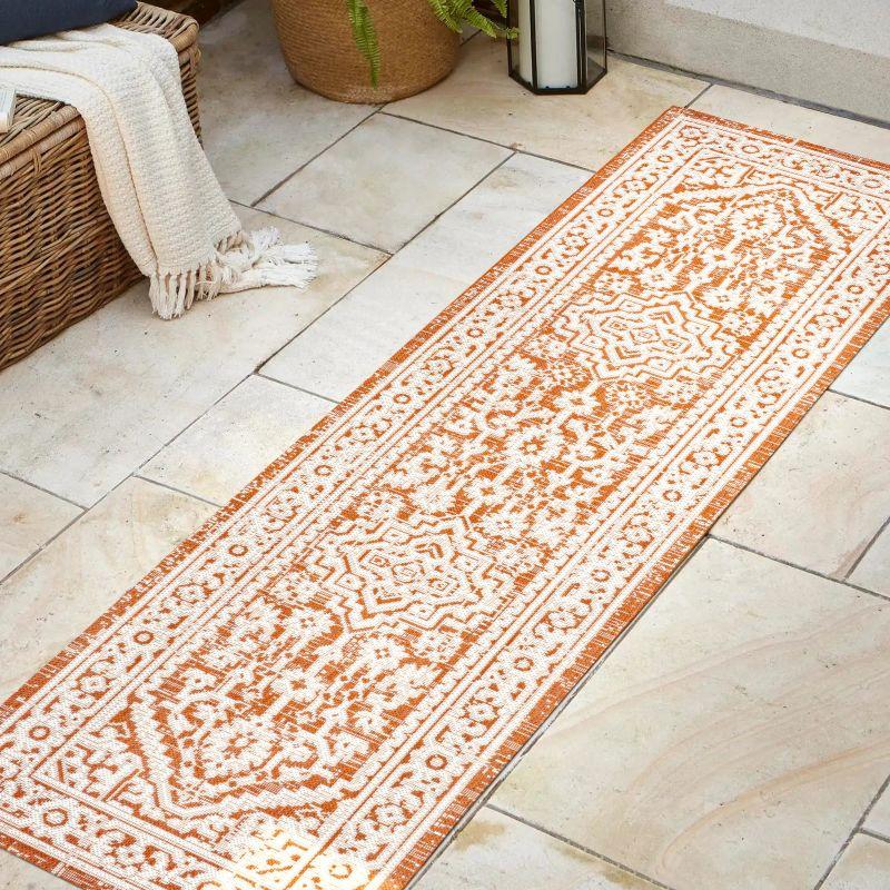 2' x 8' Sinjuri Medallion Textured Weave Indoor/Outdoor Runner Rug, Orange/Cream - JONATHAN Y